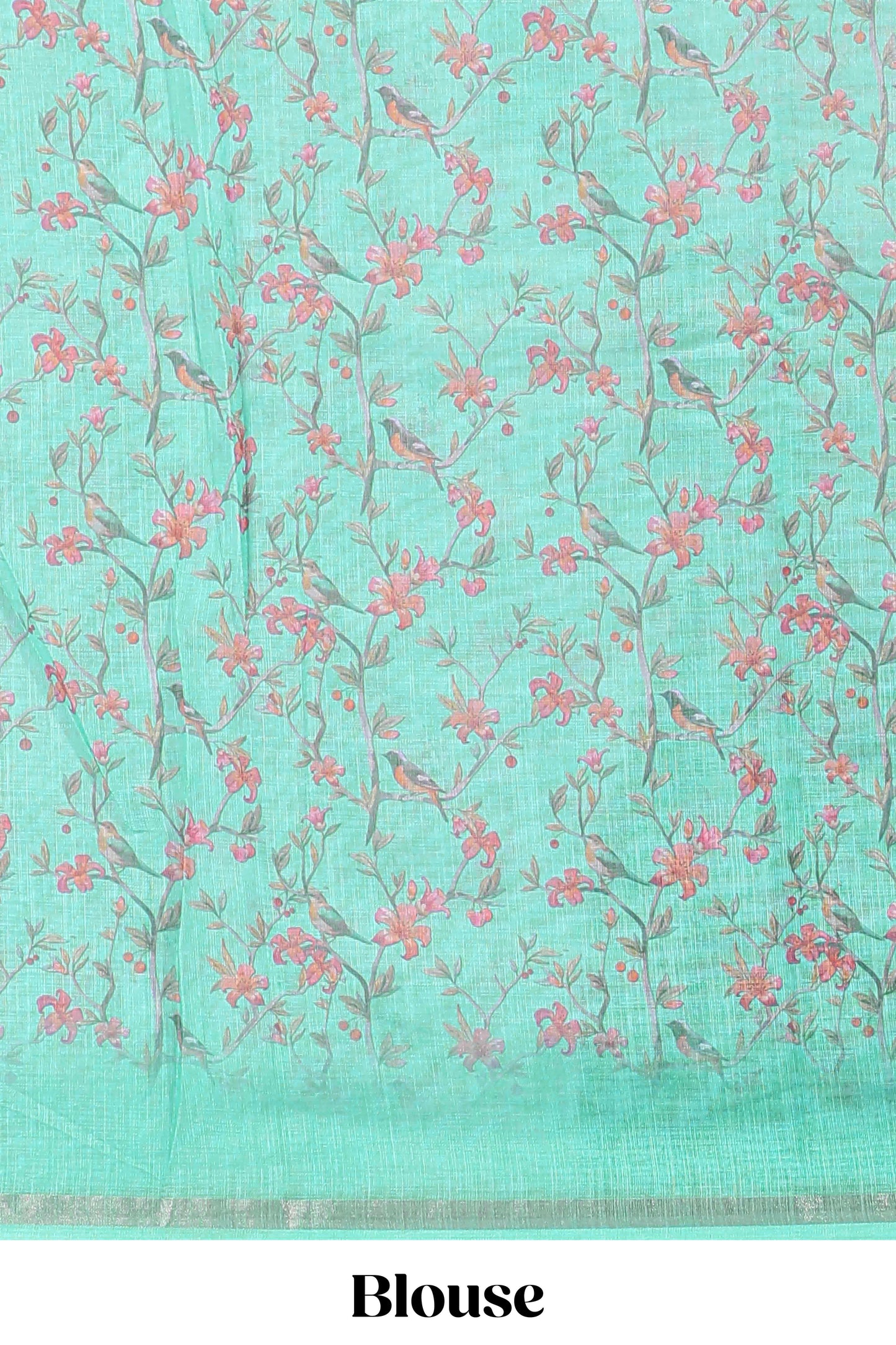 Green floral bird design linen saree