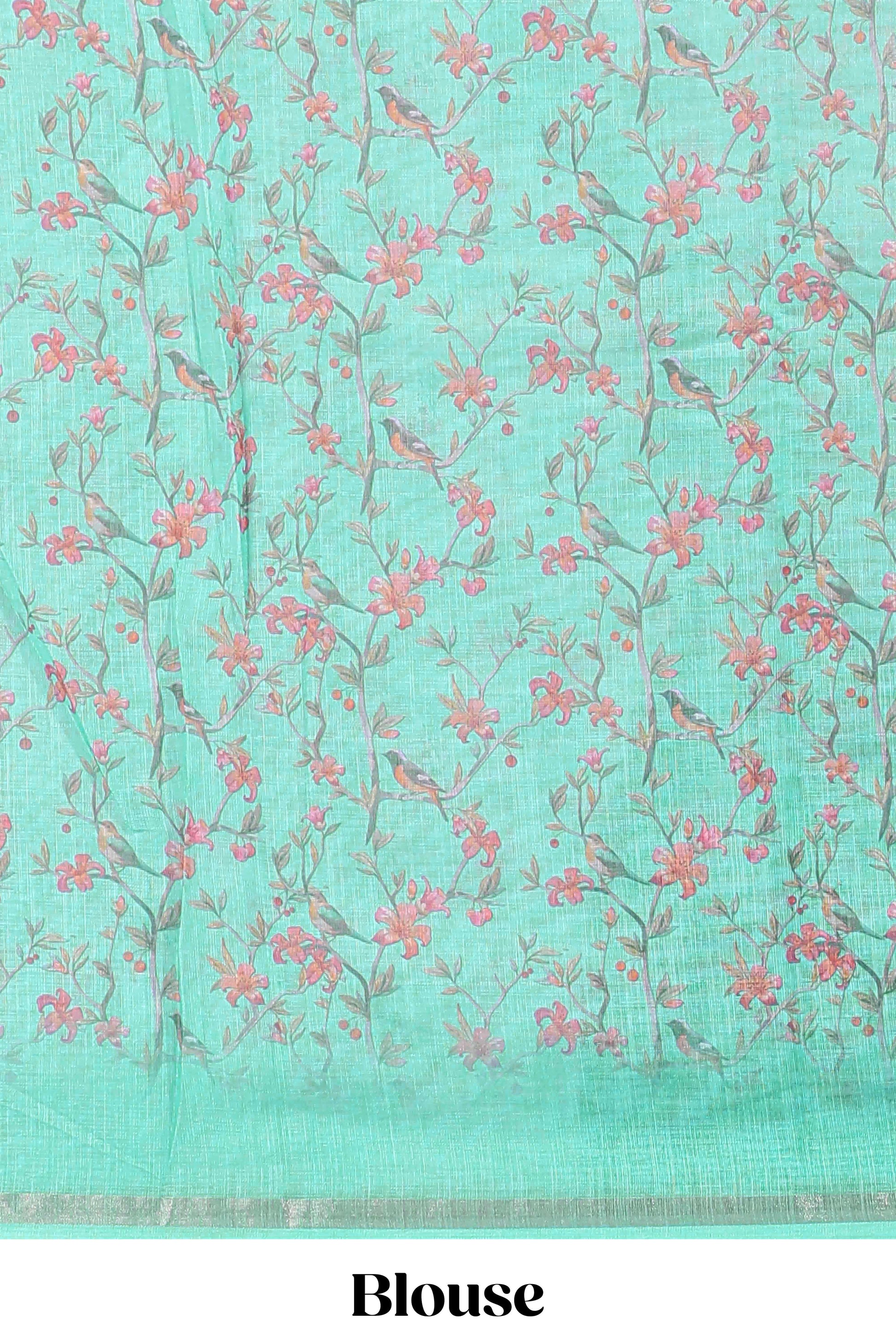 Green floral bird design linen saree