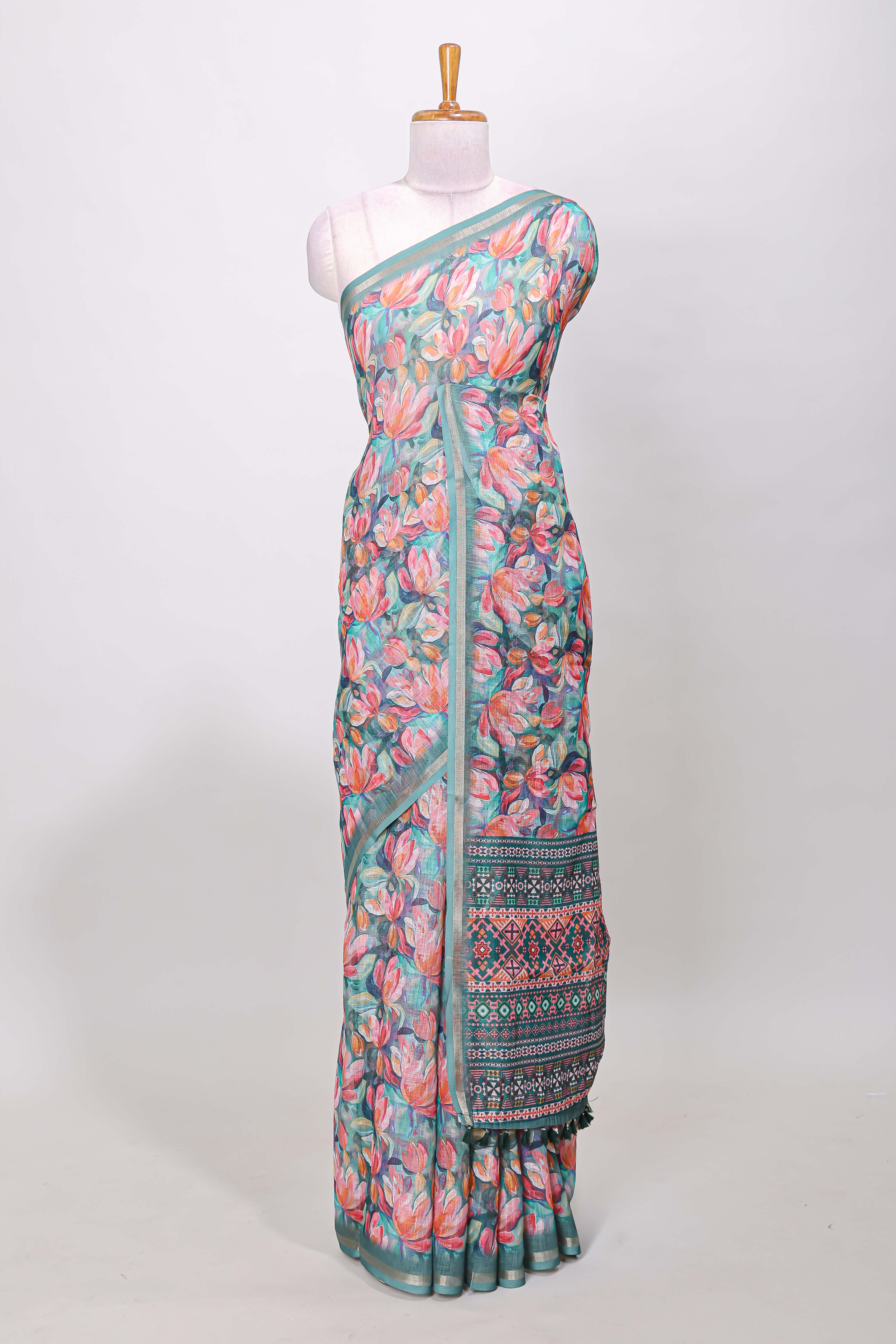Green floral linen cotton drape