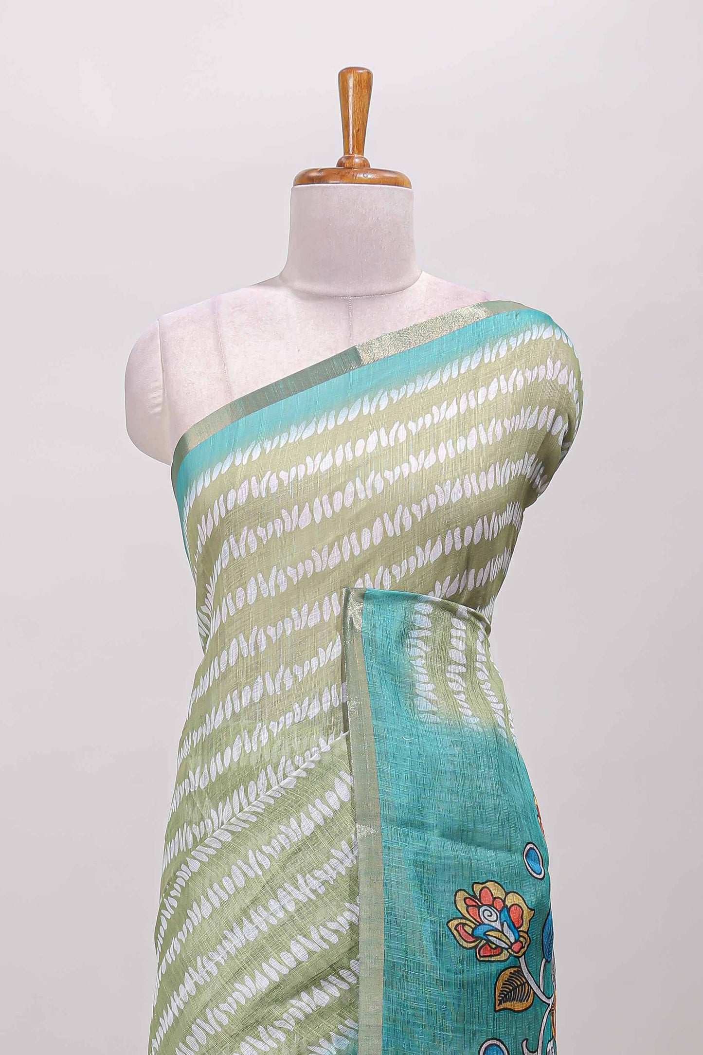 Green floral petal design linen cotton saree