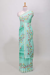 Green floral print linen saree