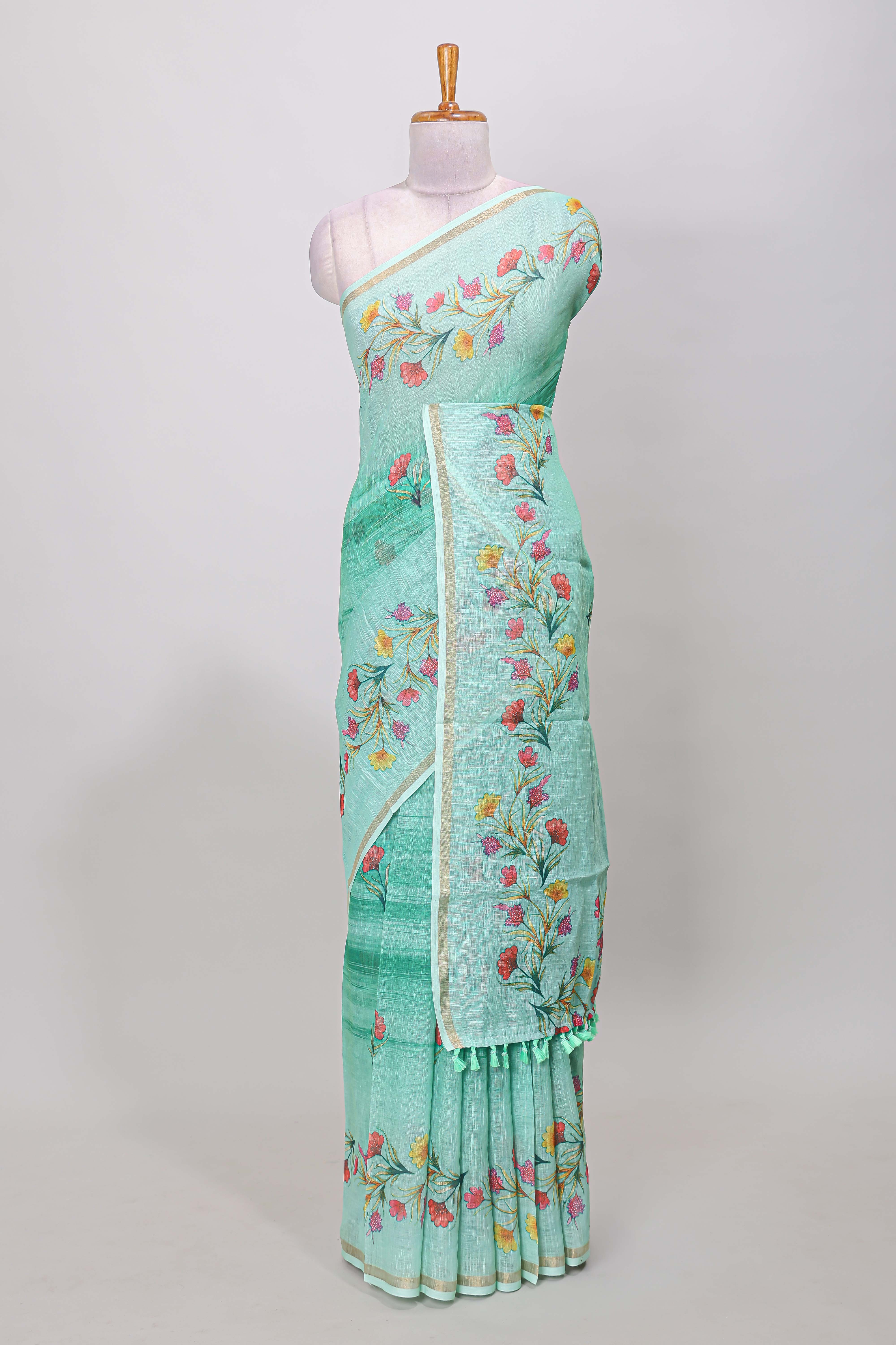 Green floral print linen saree