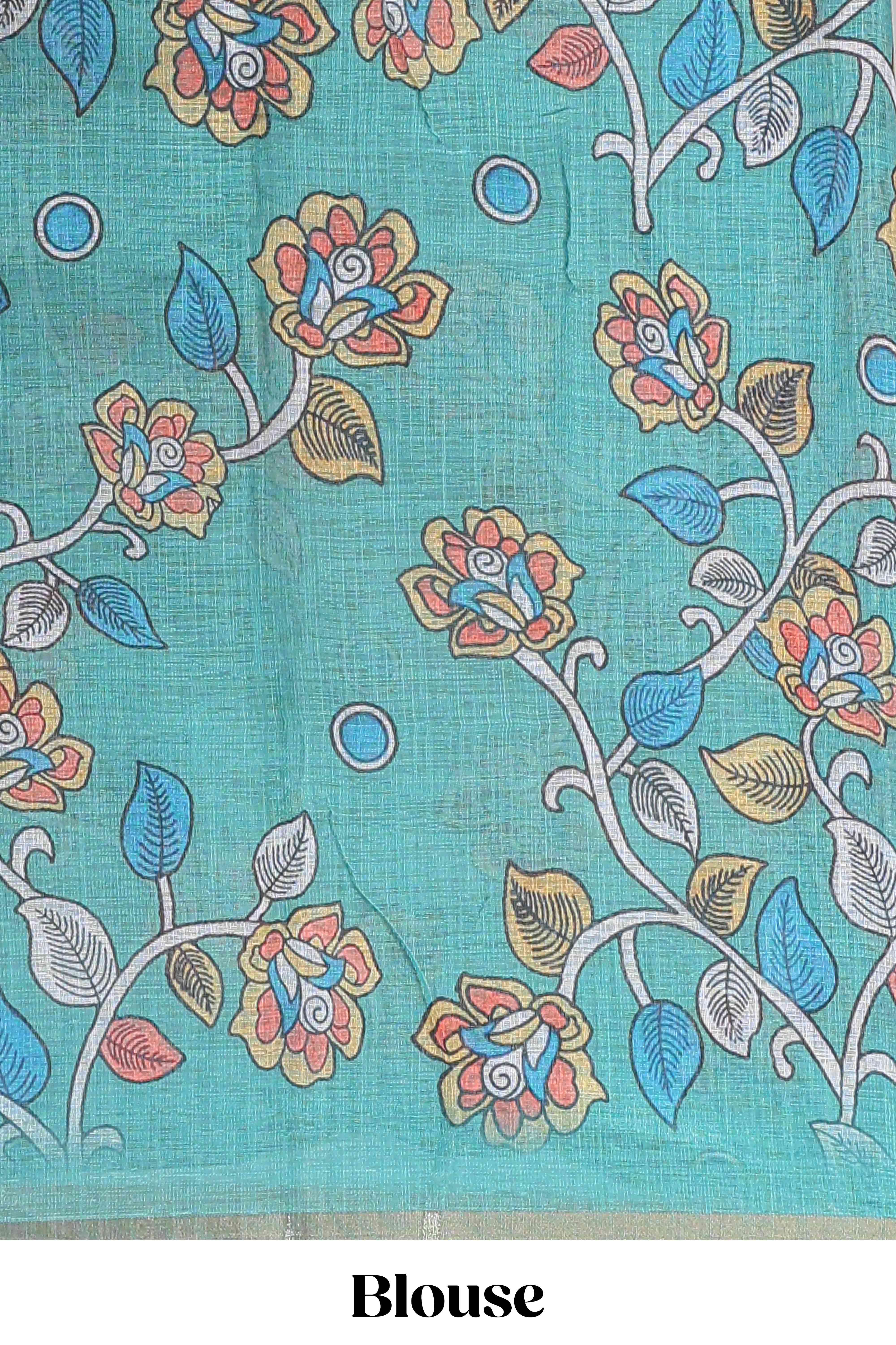 Green floral print pallu linen cotton saree