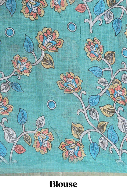 Green floral print pallu linen cotton saree
