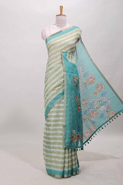 Green floral striped linen cotton saree