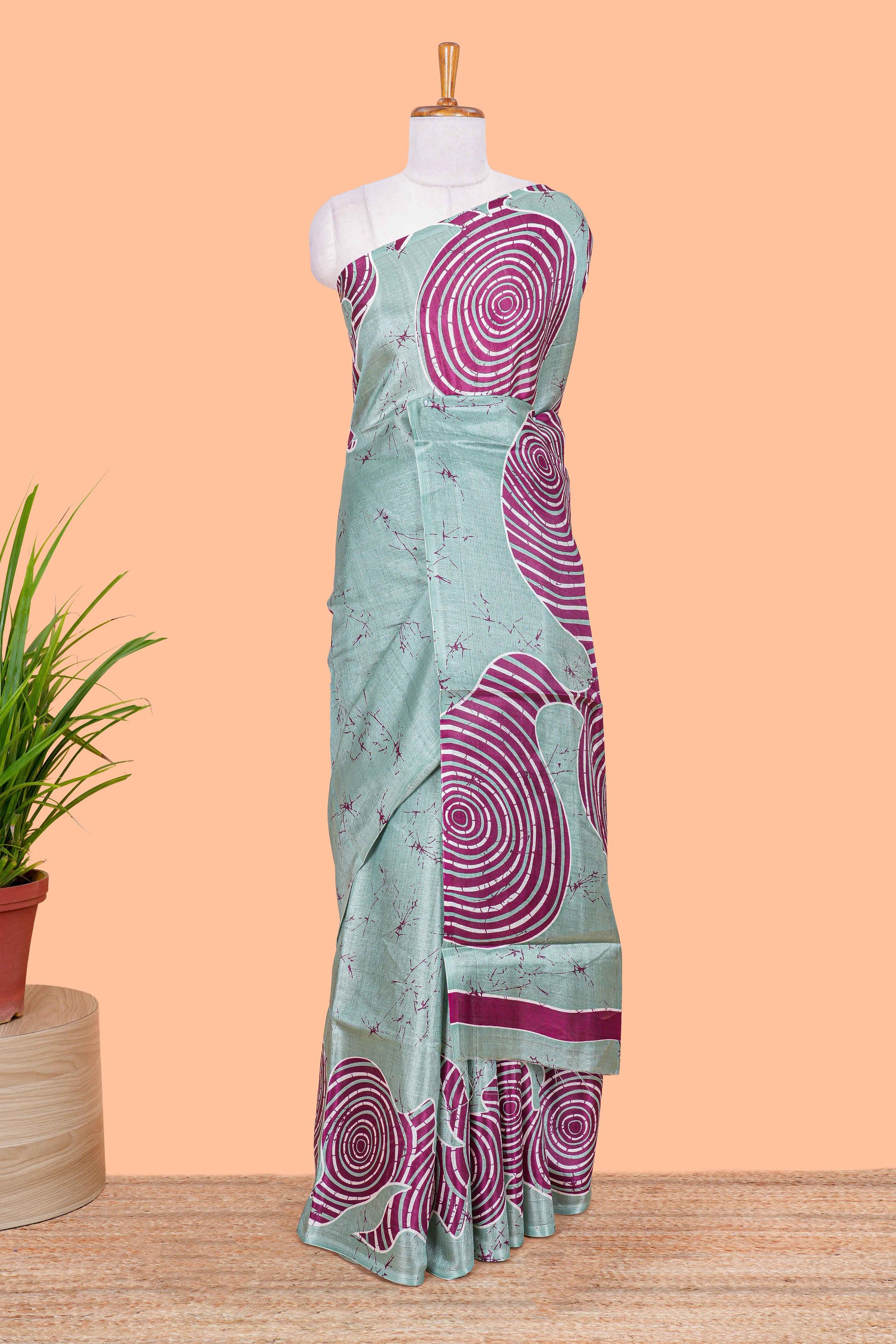Green khadi cotton batik saree