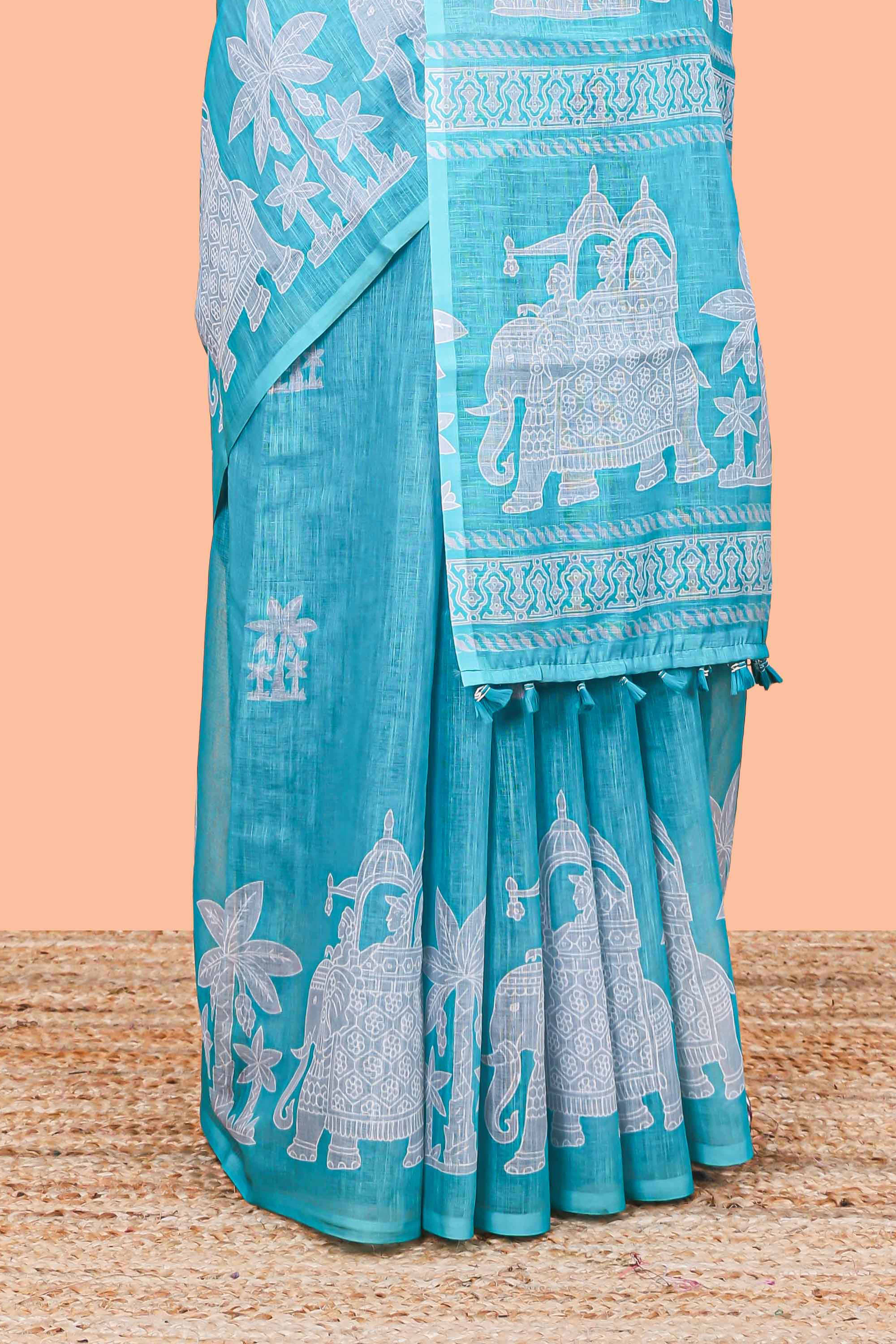 Green linen cotton saree for daily wear