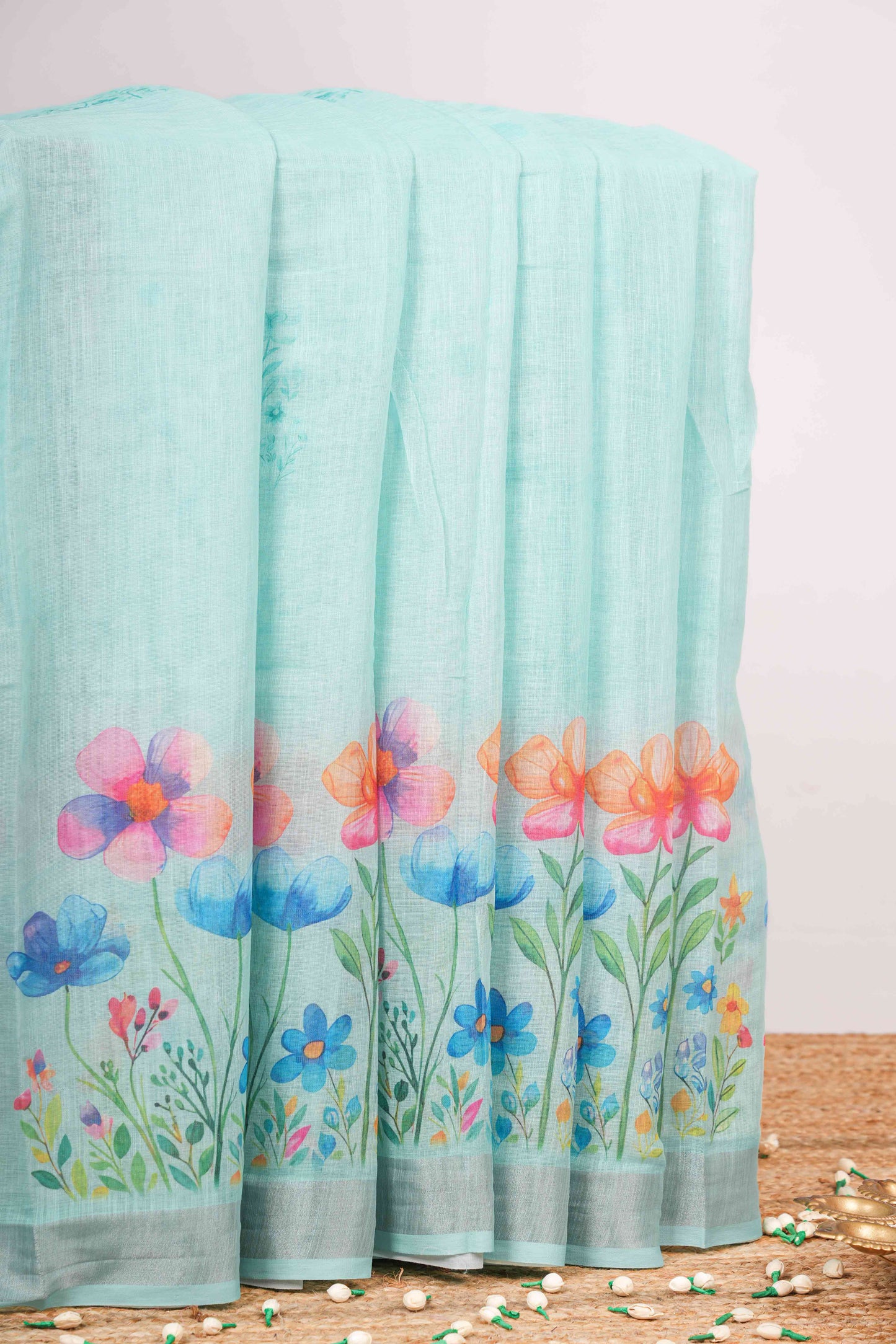 Green linen floral saree