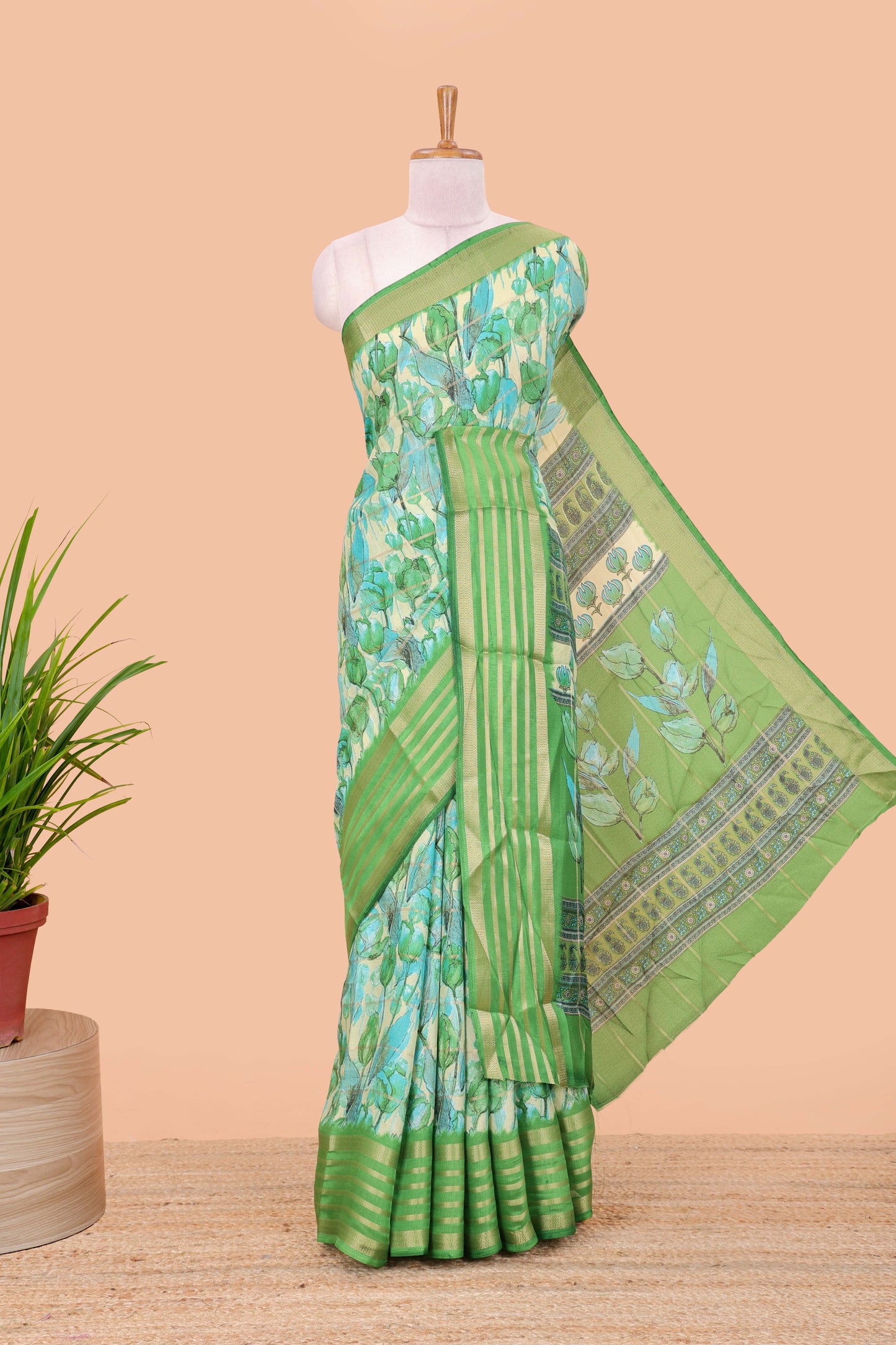 Green moss chiffon floral saree