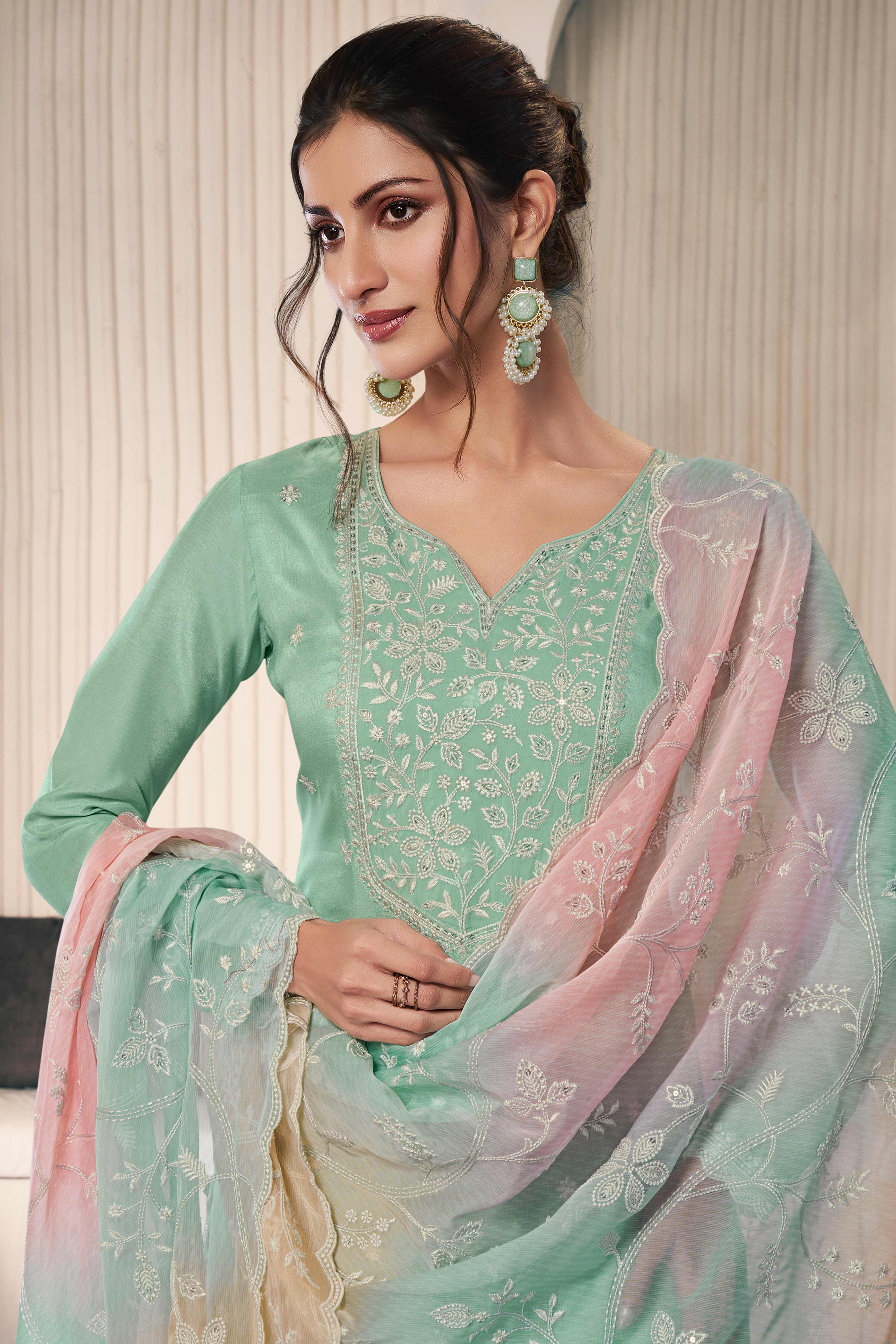 Green munga silk thread work dress material