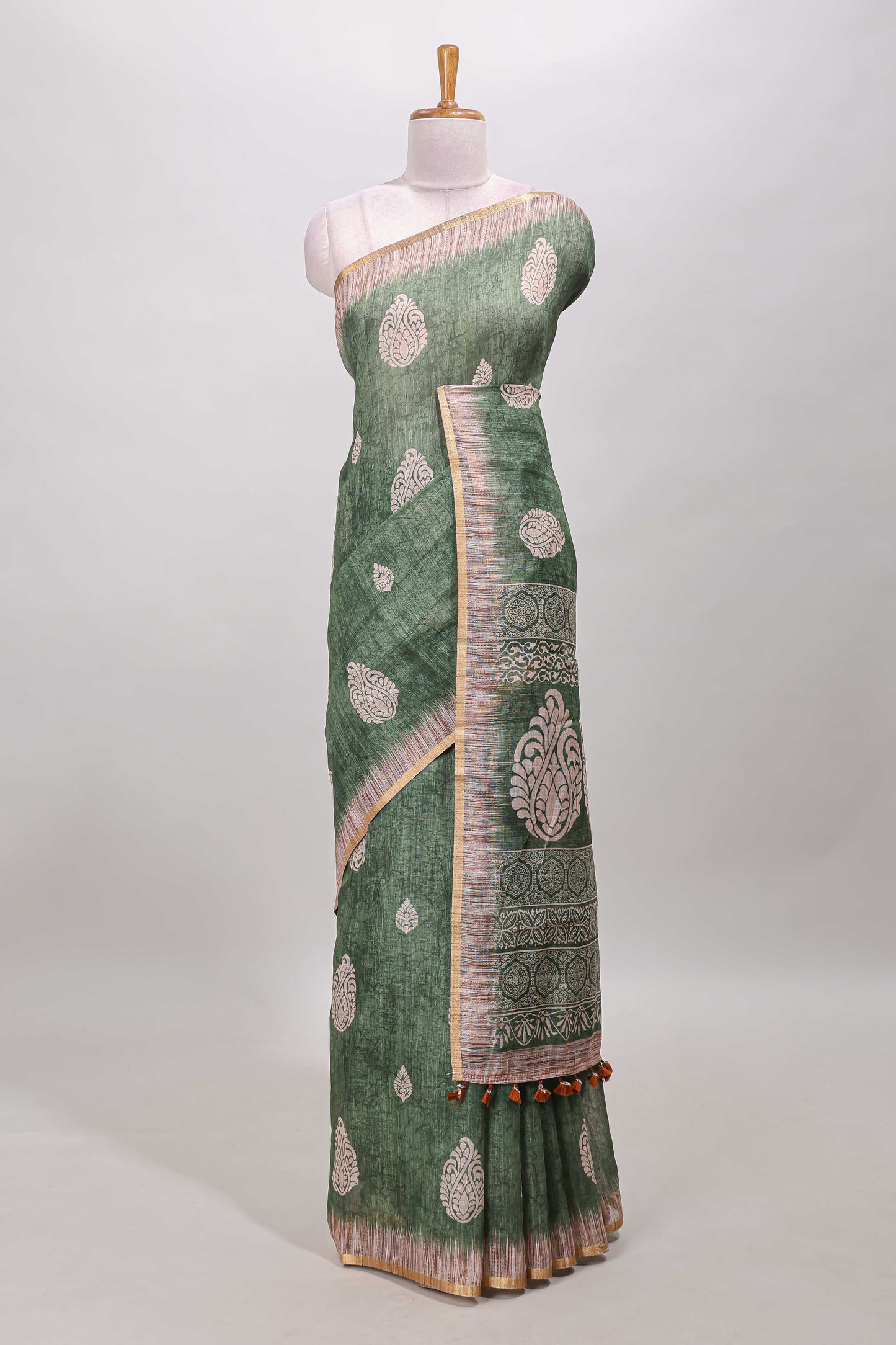  Green paisley linen cotton saree
