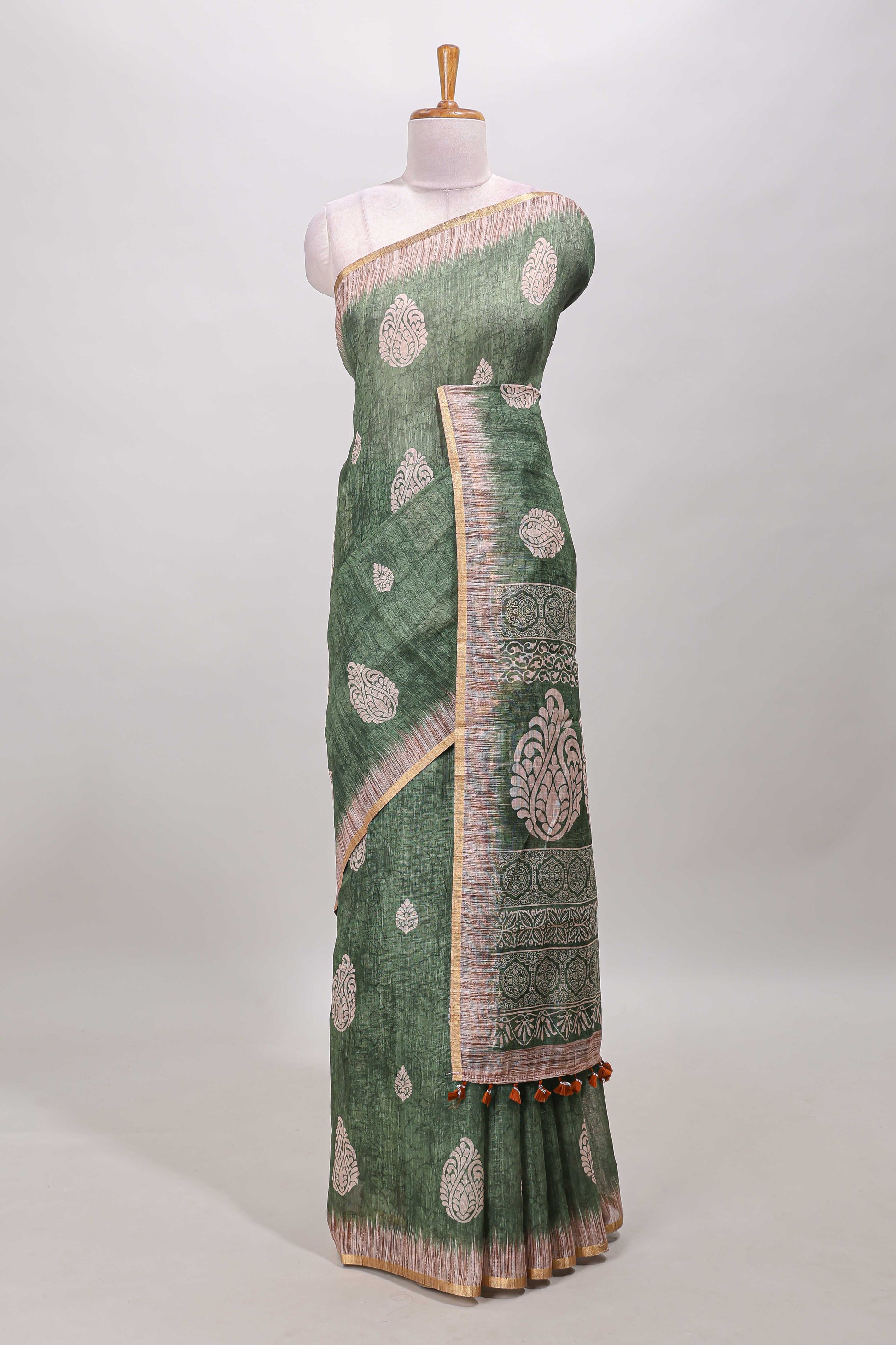  Green paisley linen cotton saree