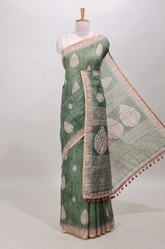 Green paisley motifs linen cotton saree