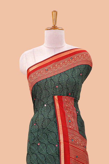 Green peacock print chanderi saree