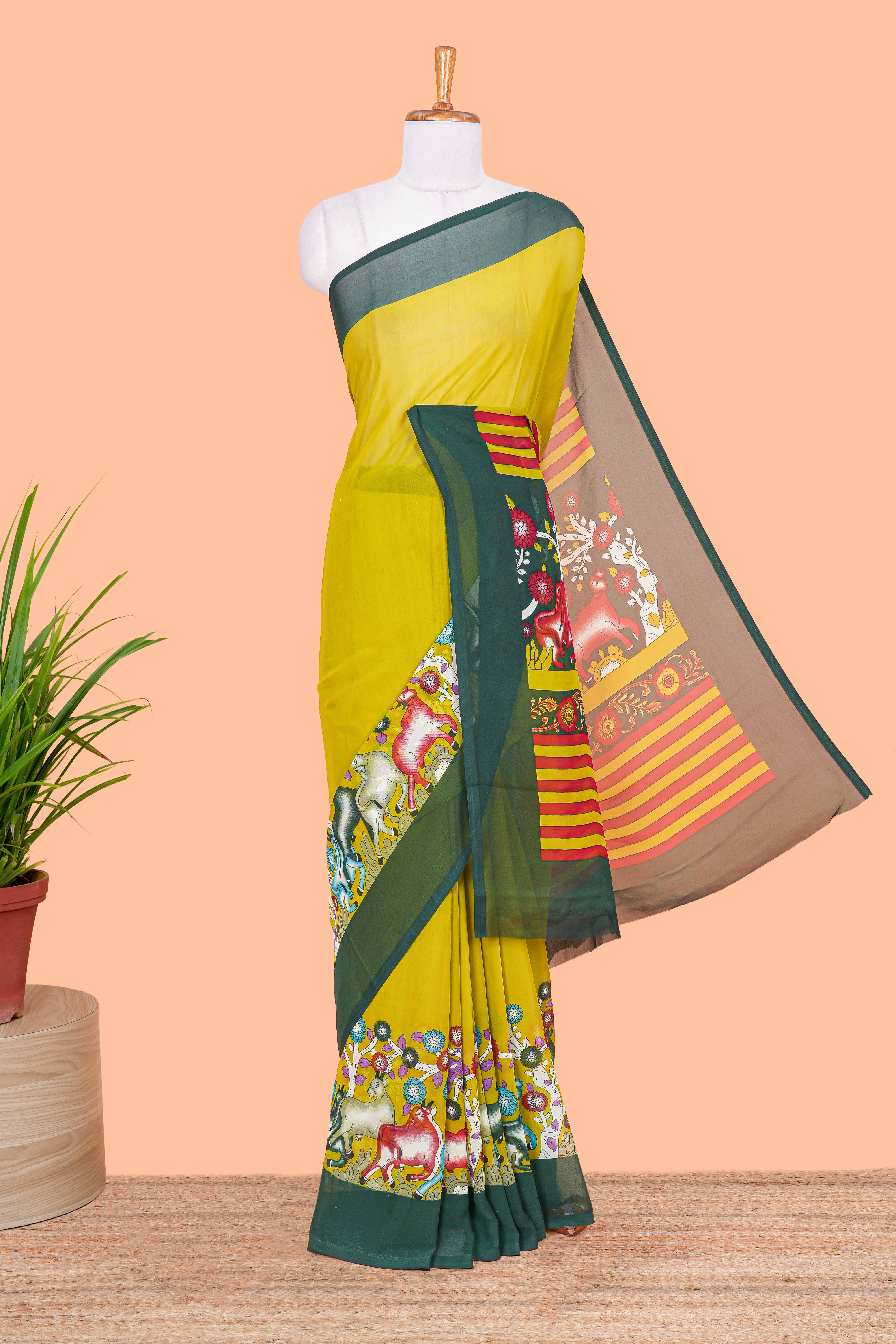 Green pichwai print weightless saree contrast border printed pallu