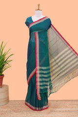 Green plain Chettinad cotton saree with contrast border