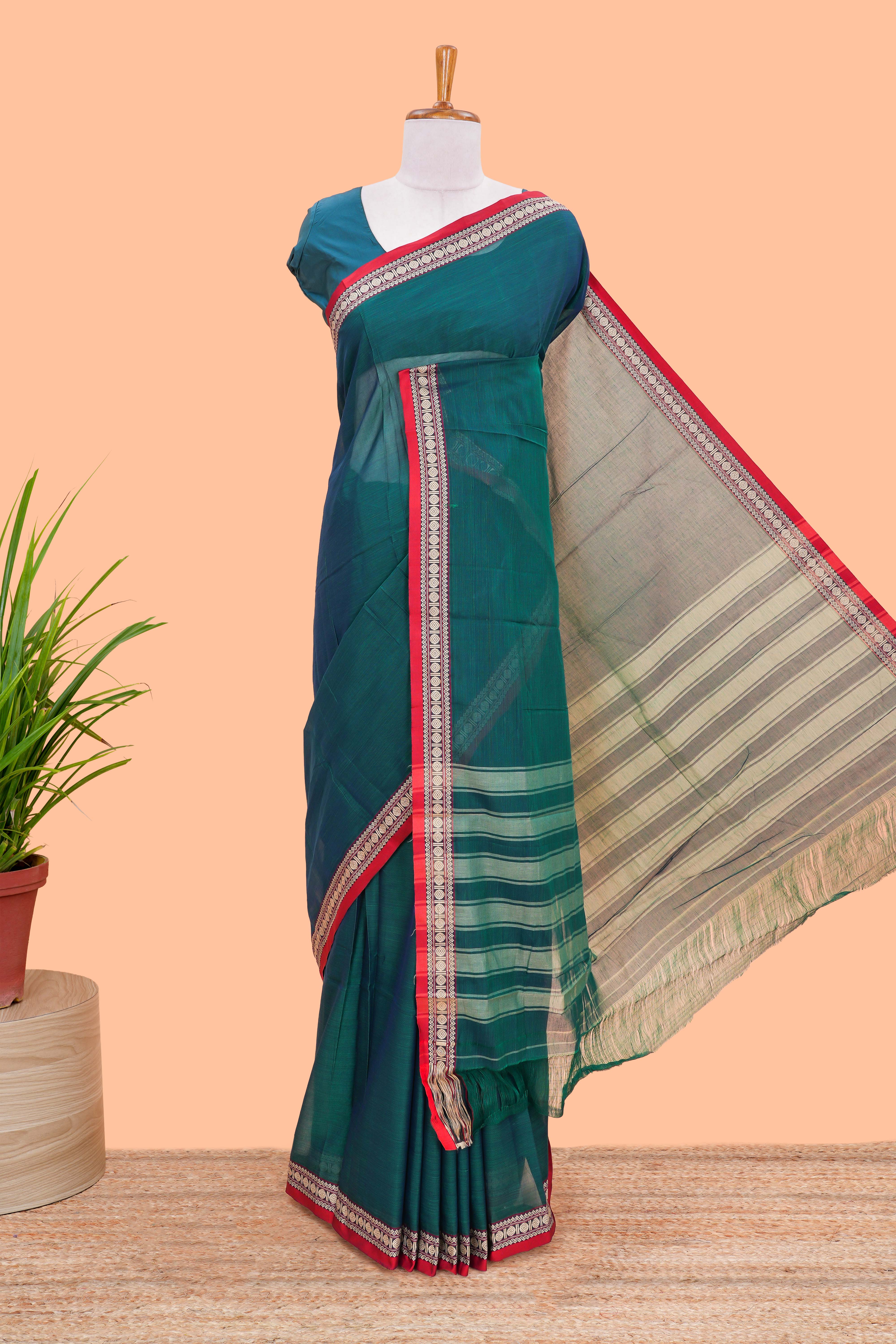 Green plain Chettinad cotton saree with contrast border