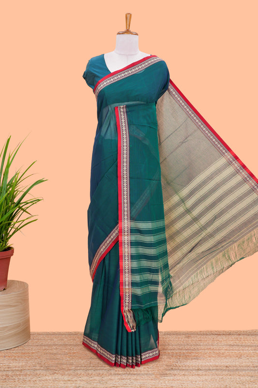 Green plain Chettinad cotton saree with contrast border