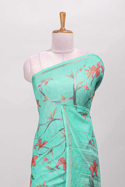 Green printed blouse linen cotton saree