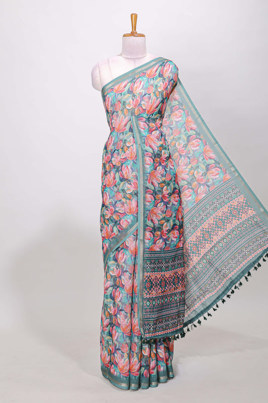 Green printed linen cotton saree