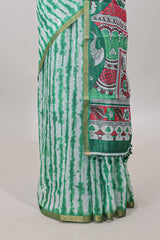 Green printed pallu linen cotton saree