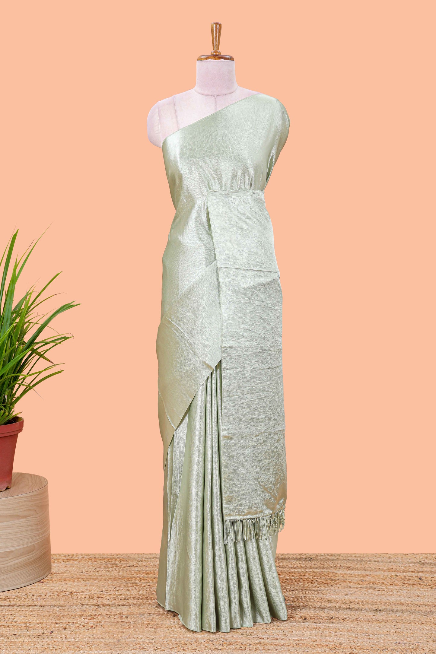 Green satin crepe borderless saree