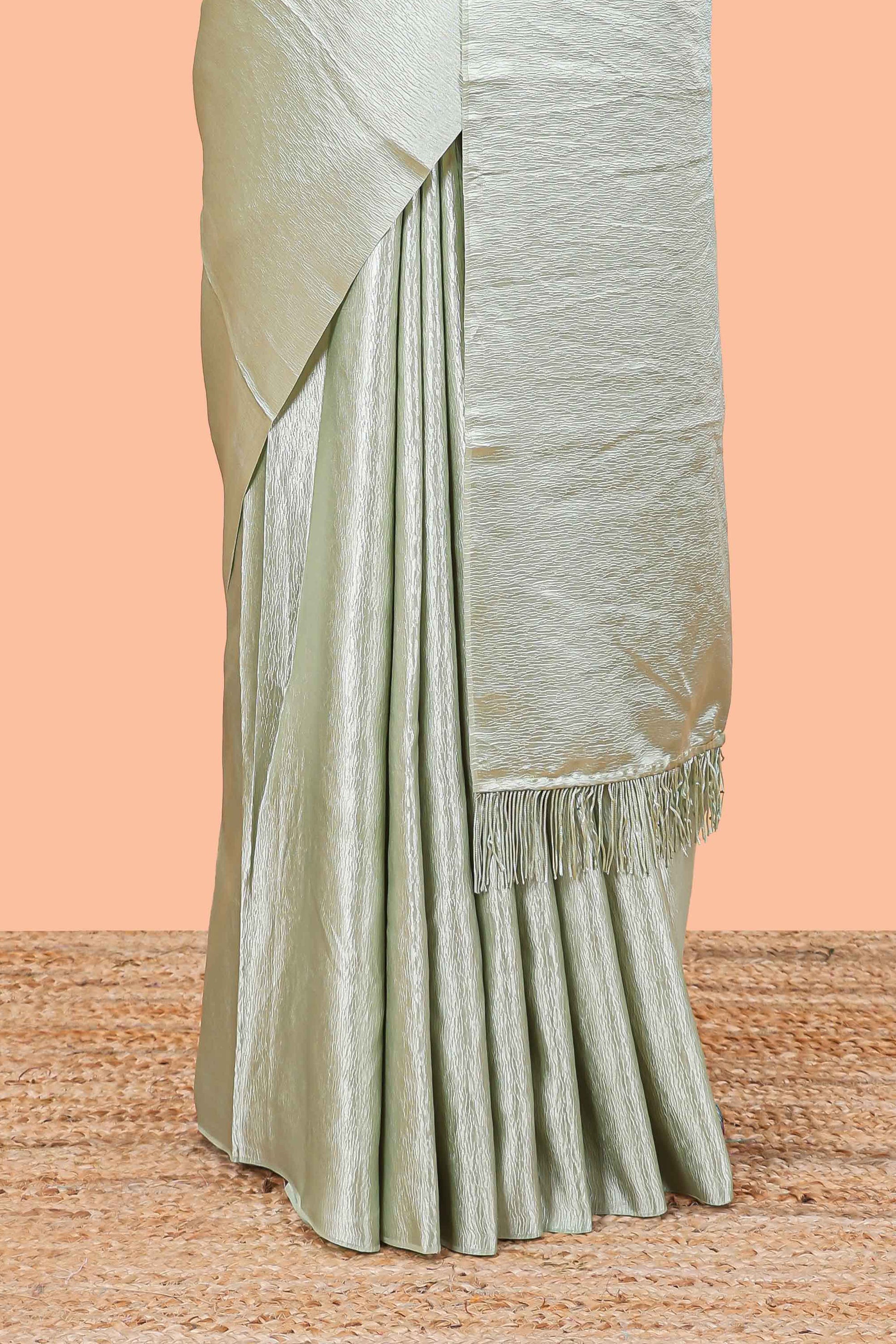 Green satin crepe elegant drape saree