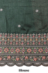 Green satin crepe embroidered blouse saree