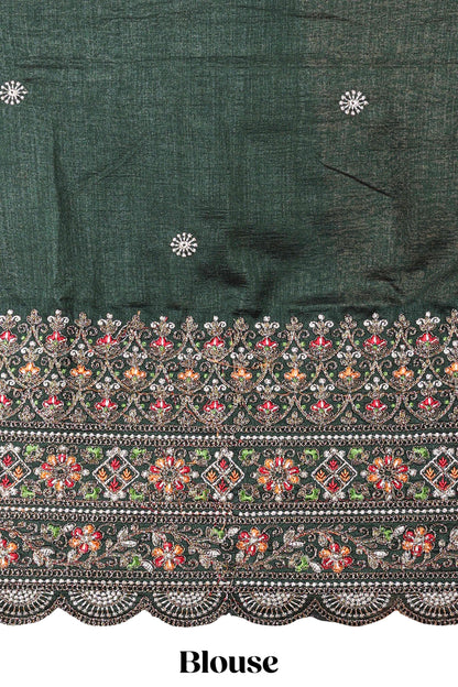 Green satin crepe embroidered blouse saree
