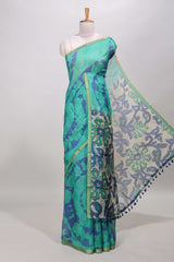 Green shibori linen saree