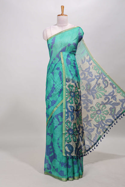 Green shibori linen saree