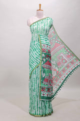Green shibori striped linen cotton saree