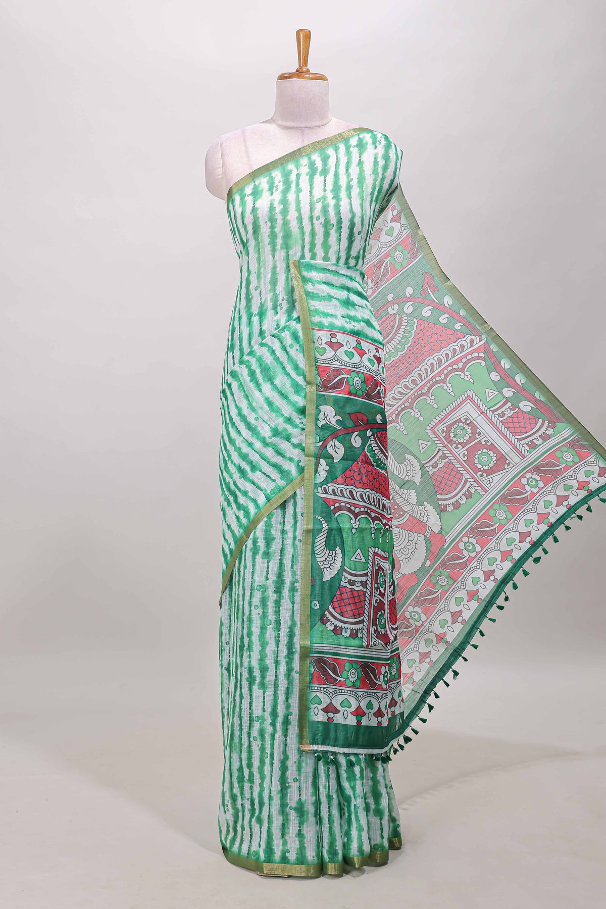 Green shibori striped linen cotton saree
