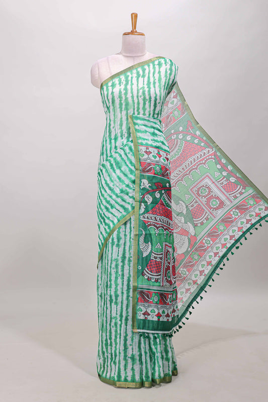 Green shibori striped linen cotton saree
