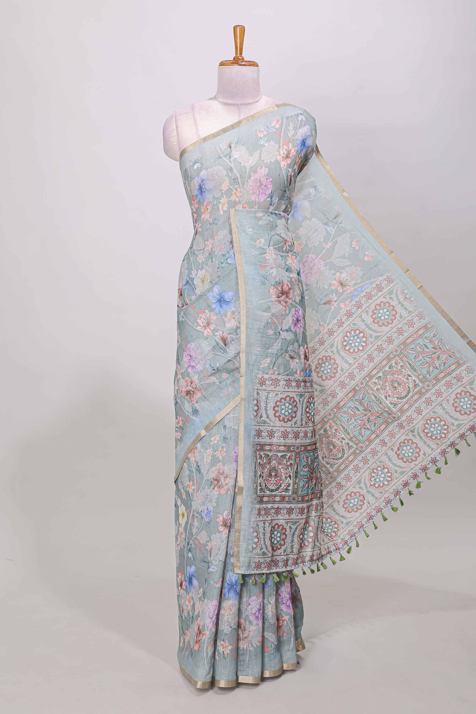 Green soft linen cotton saree