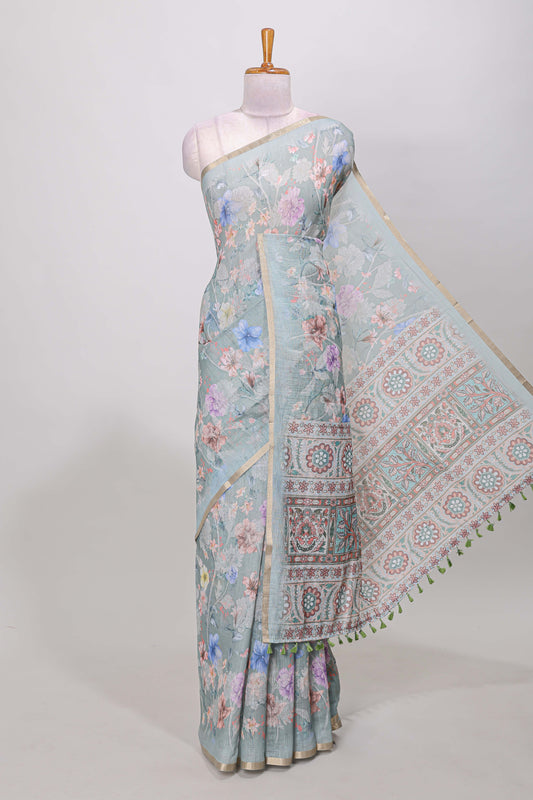 Green soft linen cotton saree
