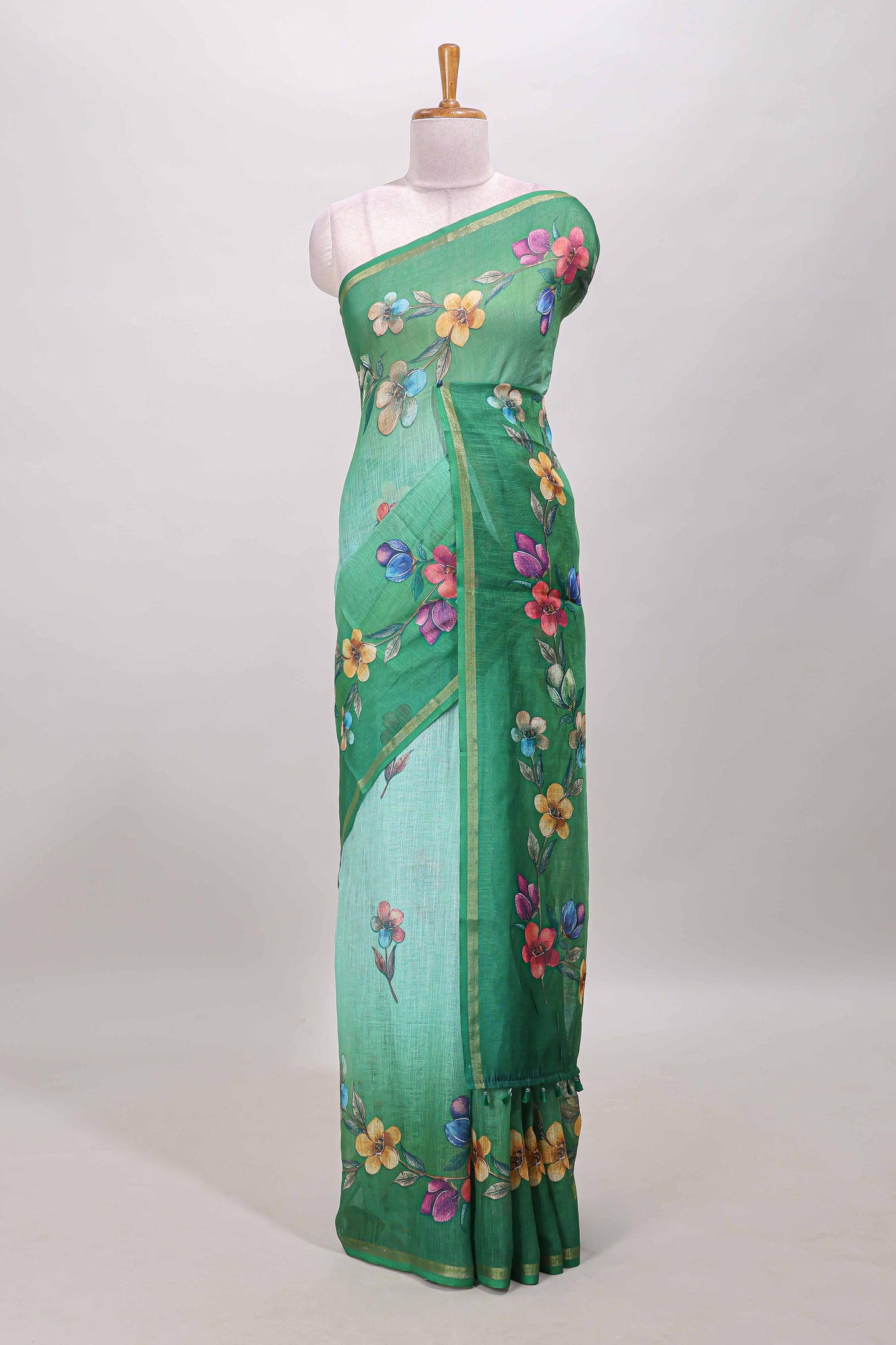 Green vine floral design linen cotton saree