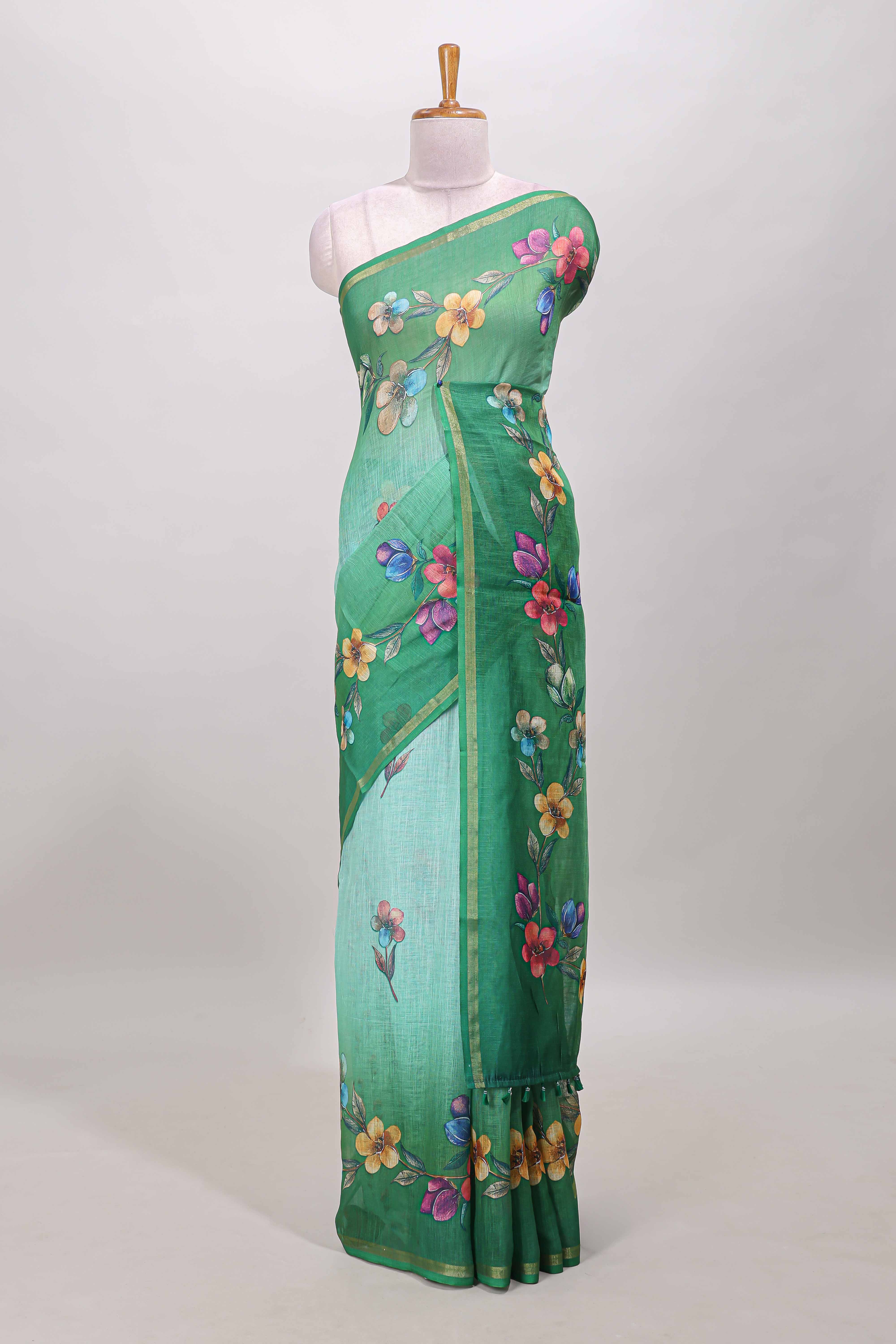 Green vine floral design linen cotton saree
