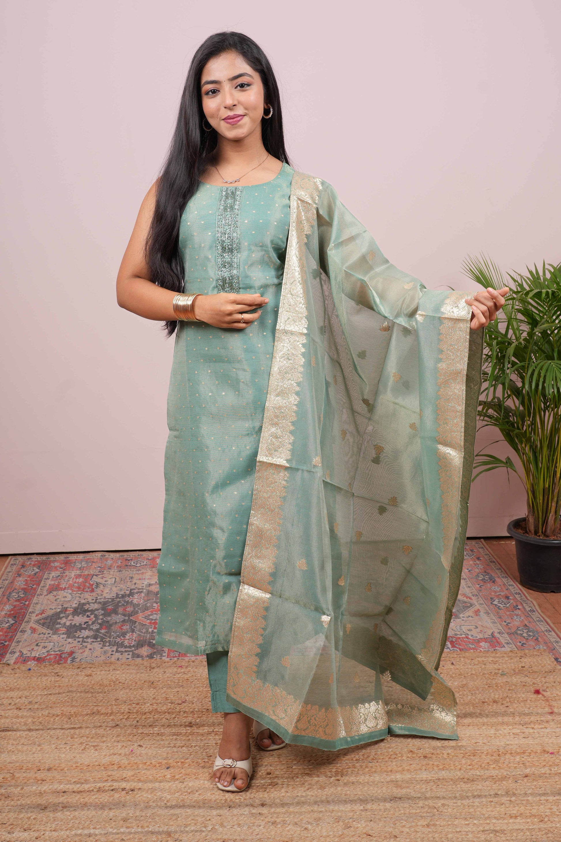 Green zari embroidered salwar suit set