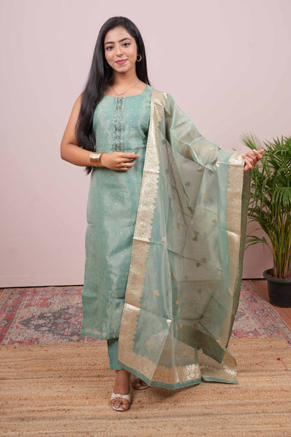 Green zari embroidered salwar suit set