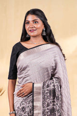 Grey Dola Silk with golden zari border