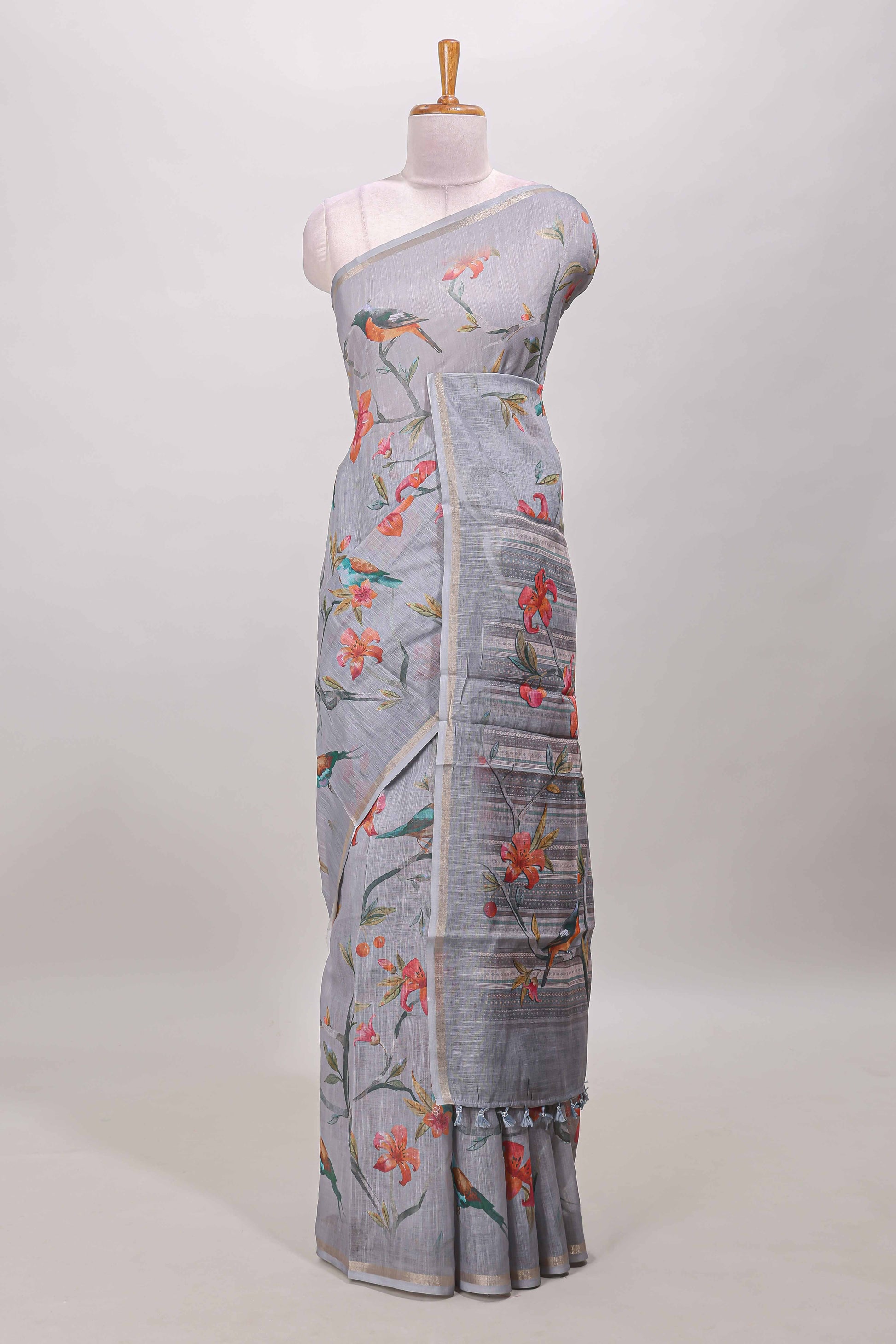 Grey birds motif linen cotton saree