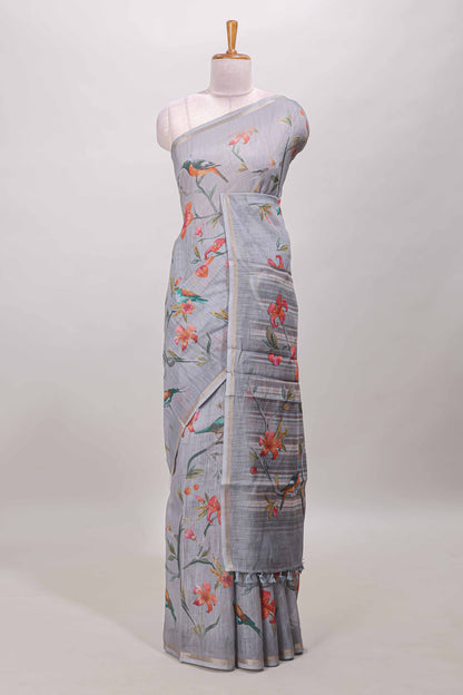Grey birds motif linen cotton saree