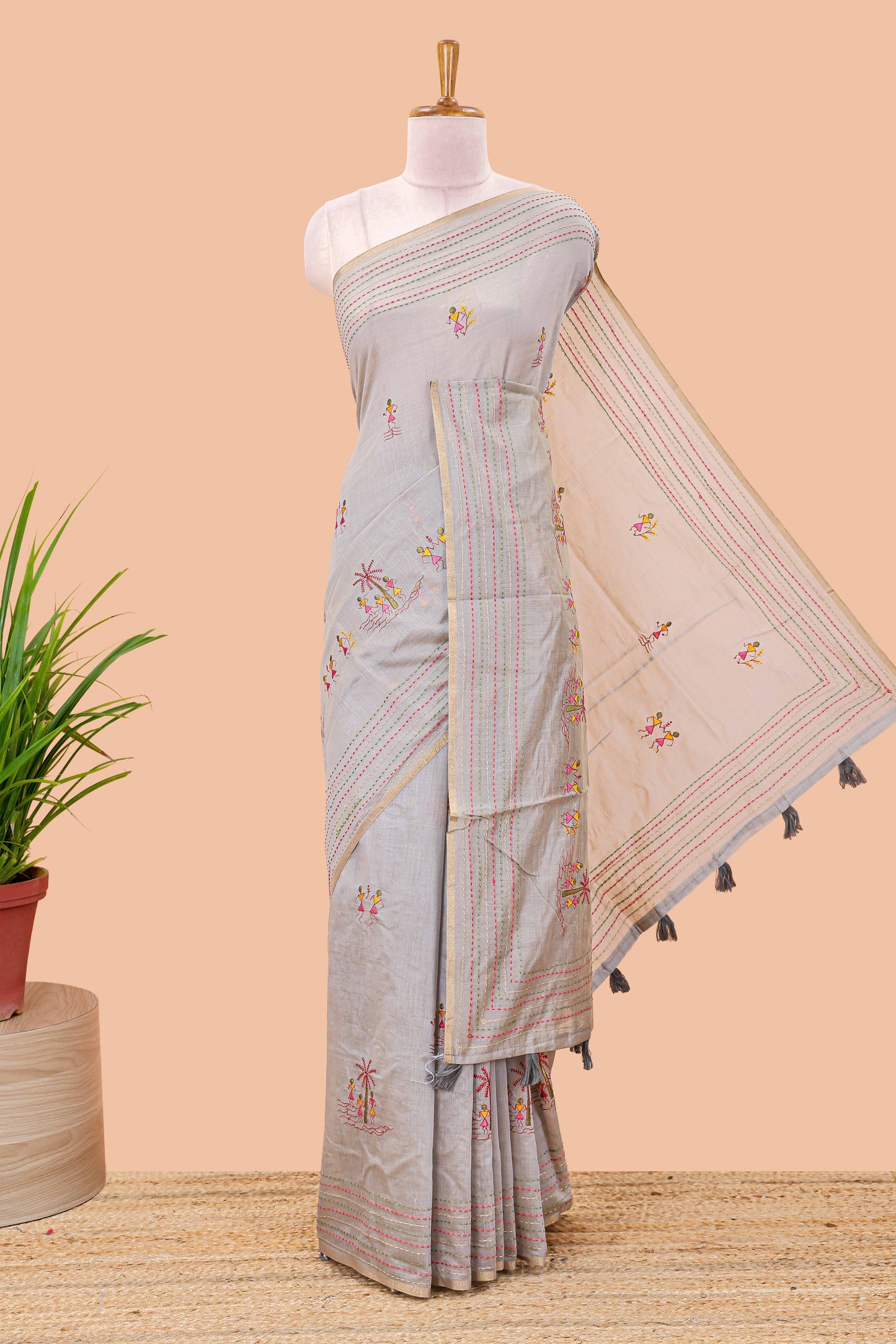 Grey chanderi cotton saree warli art embroidery pallu
