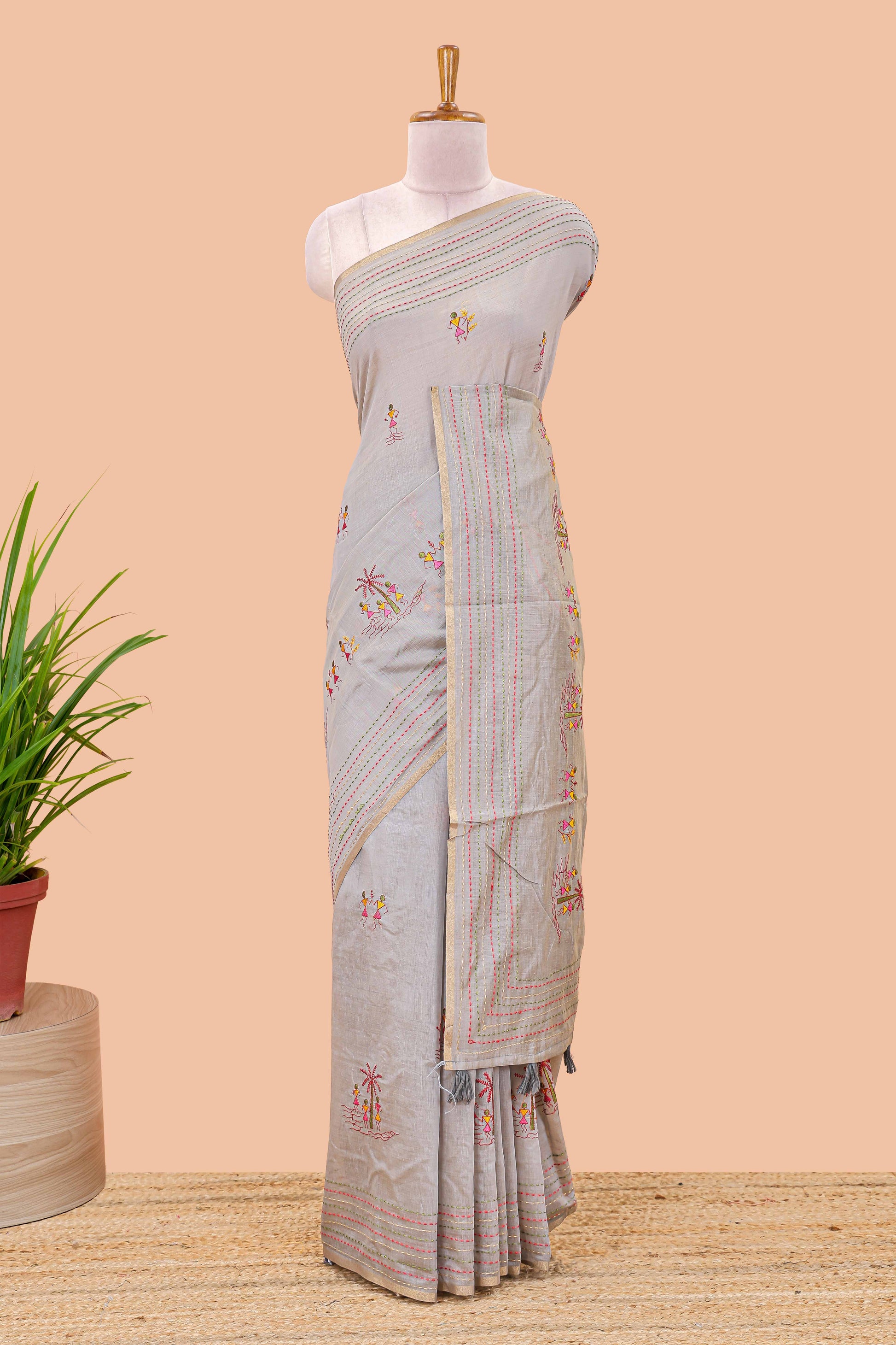 Grey chanderi cotton saree warli design
