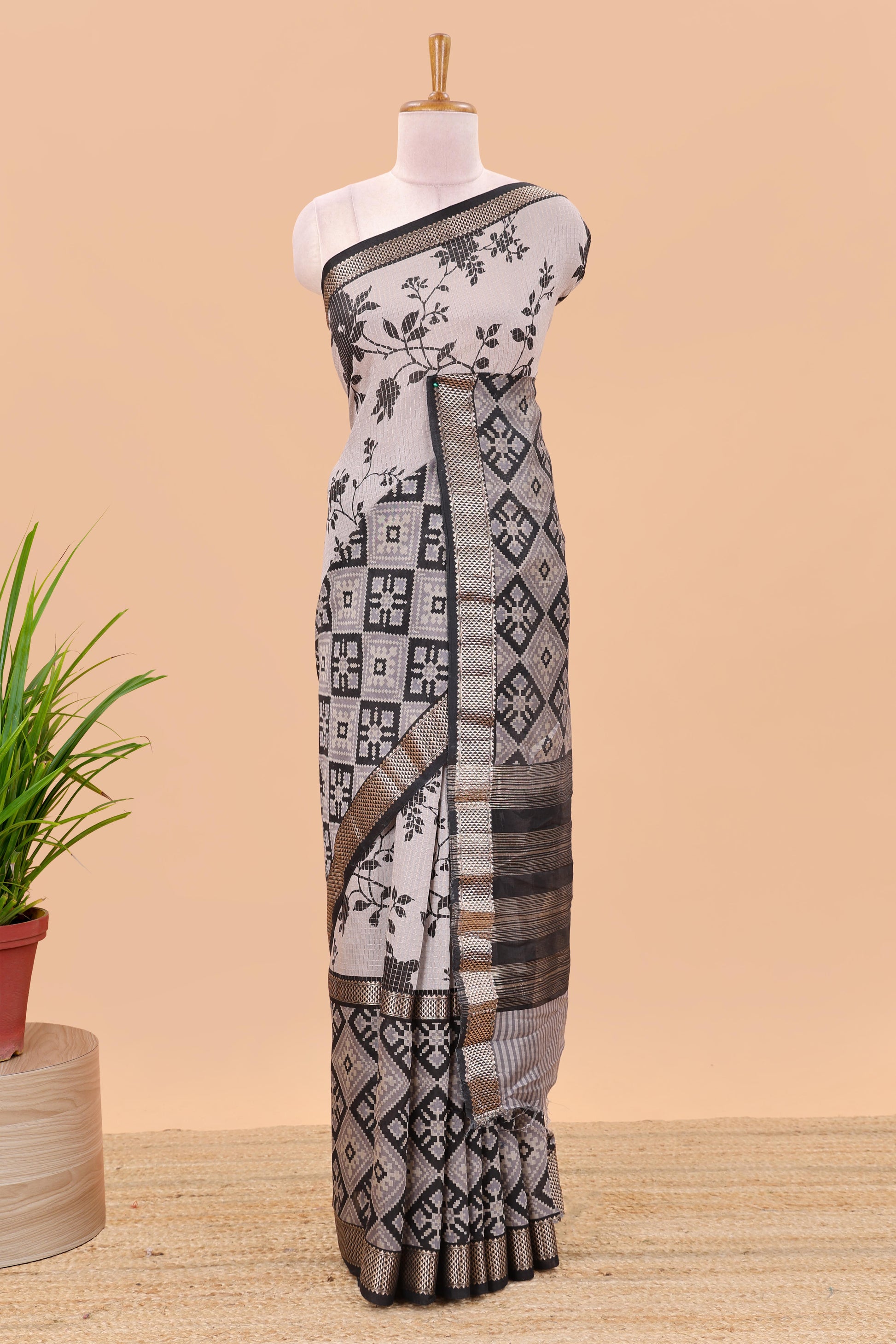 Grey checked chanderi cotton saree with floral design