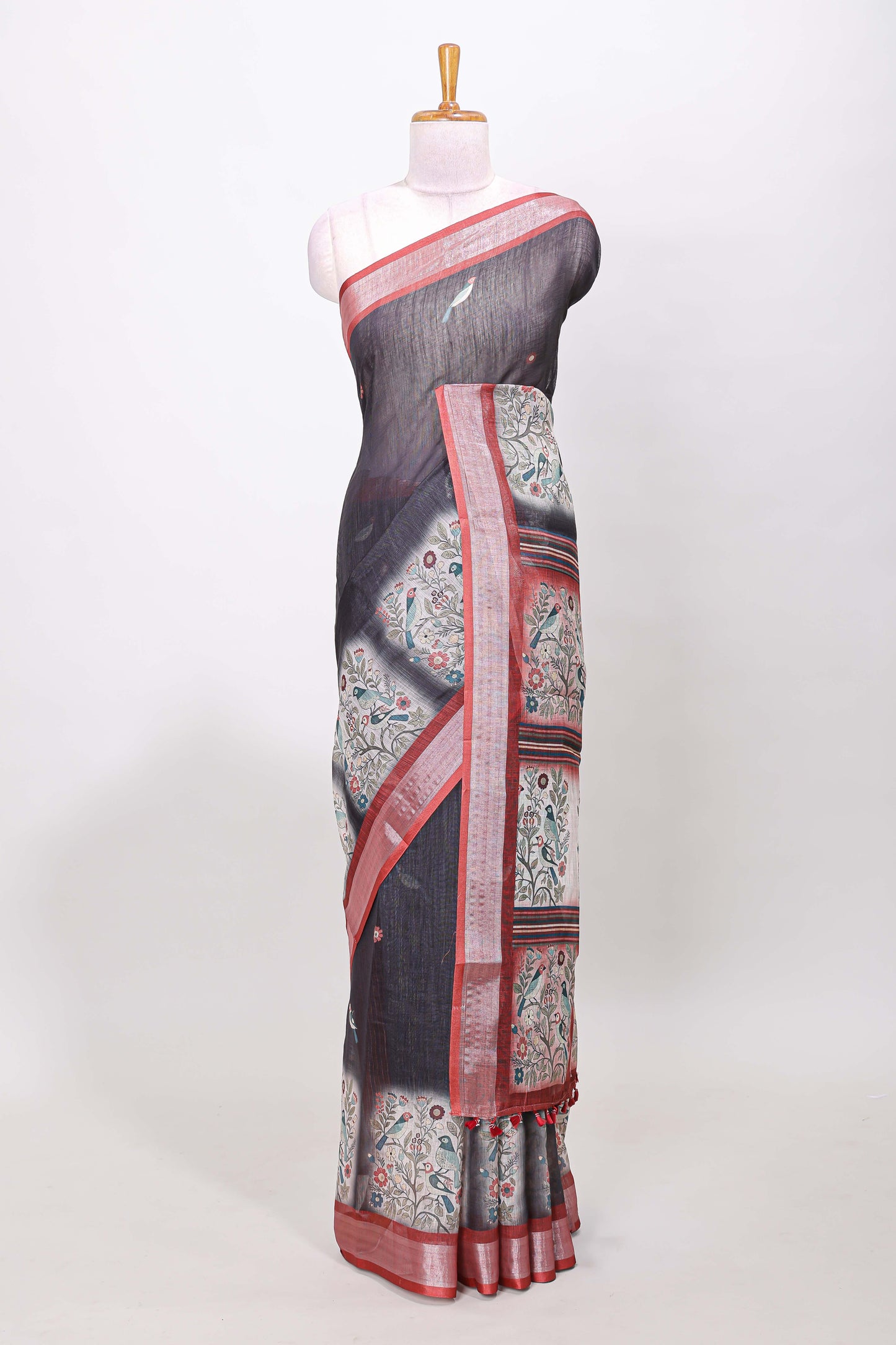Grey contrast linen cotton saree