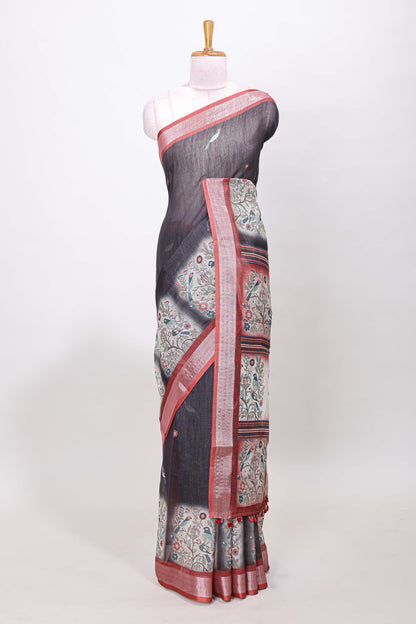 Grey contrast linen cotton saree