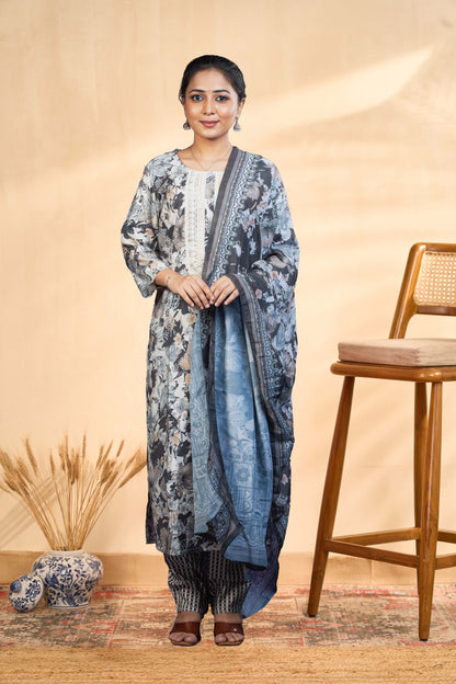Grey cotton floral salwar suit