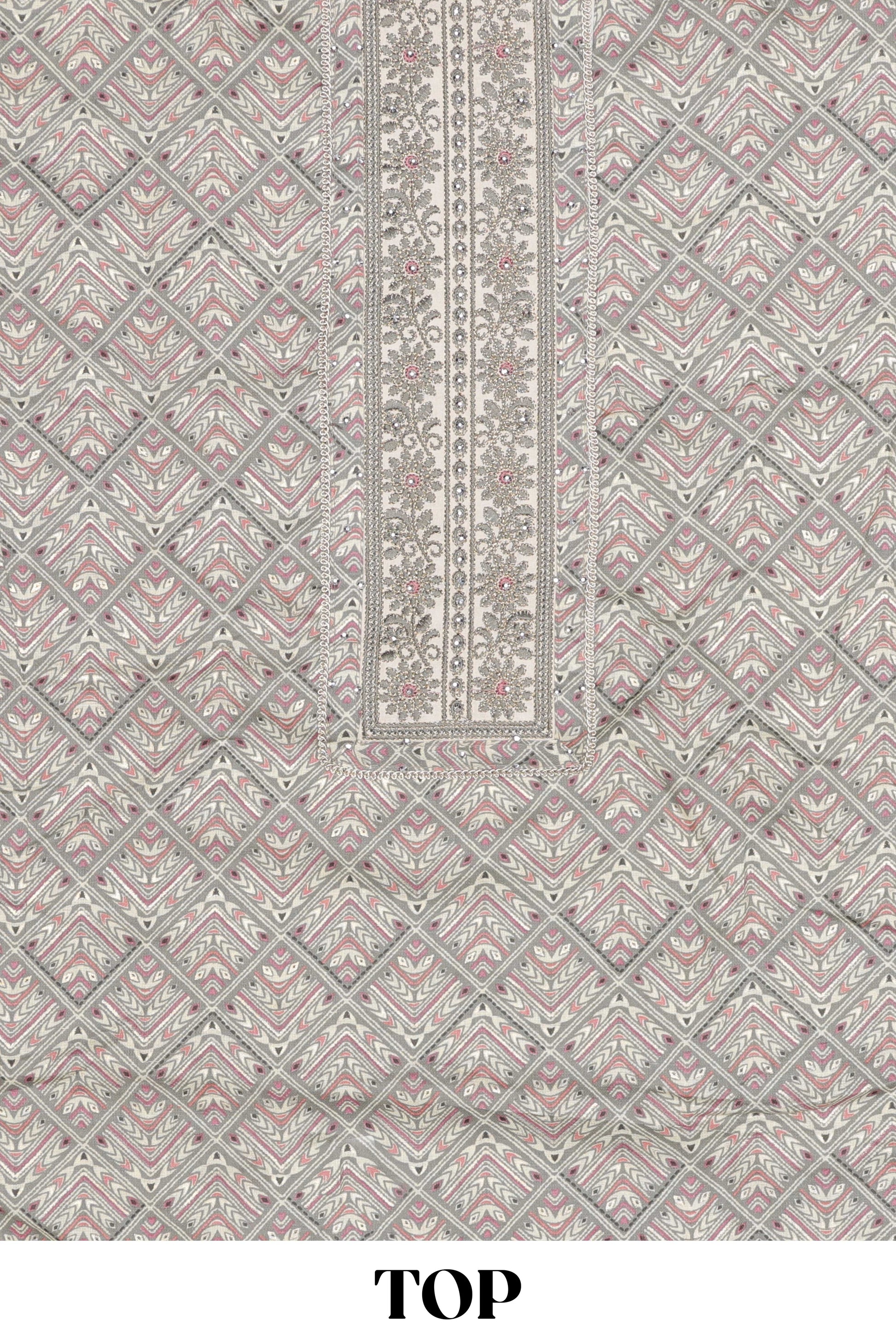 Grey cotton geometric embroidery dress material